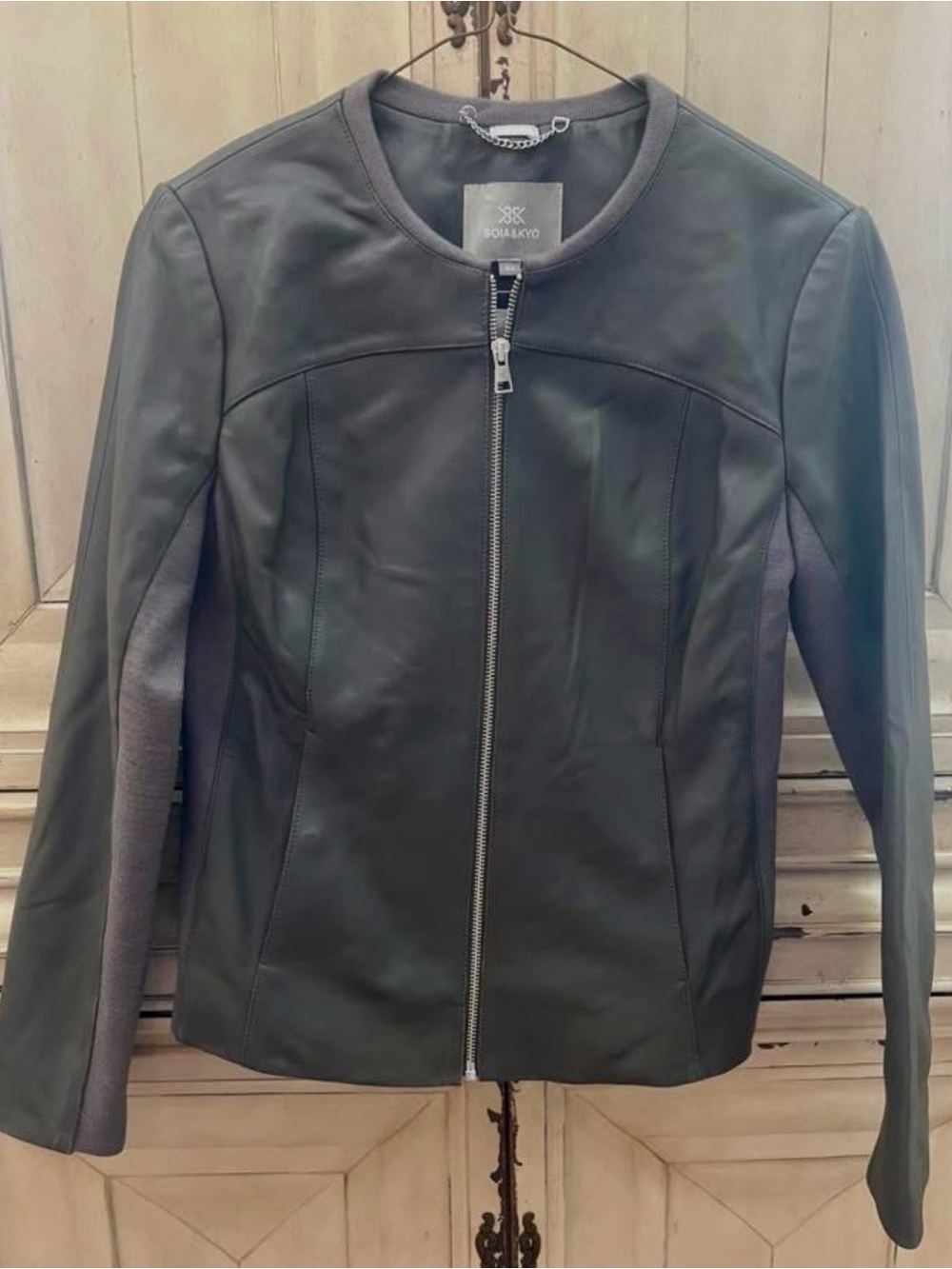 Soia & Kyo Black Leather Zip-Front Jacket with Gray Stretch Panels